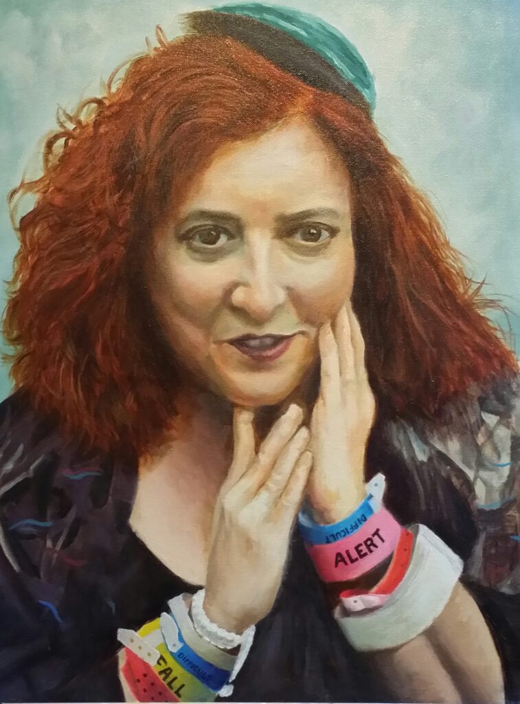 Image of painted bust self-portrait depicting artist, Wendy Elliot Vandivier. White woman with shoulder red hair and small green beret on top, her hands are touching the right side of her cheek and chin. Her wrists have multiple colored medical bands. A prominent bright pink band has the word alert on it.