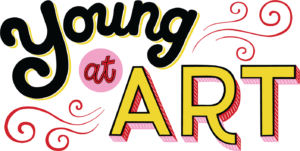 stylized logo that reads "Young at Art" with decorative swirls and pink, red, and yellow details