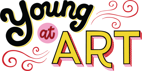 stylized logo that reads "Young at Art" with decorative swirls and pink, red, and yellow details
